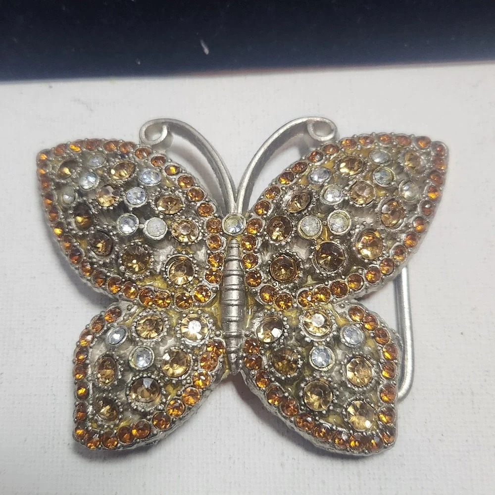 Vintage Butterfly Belt Buckle‎ Amber Topaz Rhinestone Crystal Silver Tone Boho